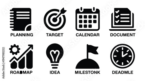 Business planning icons set including planning target calendar document roadmap idea milestone deadline on white background