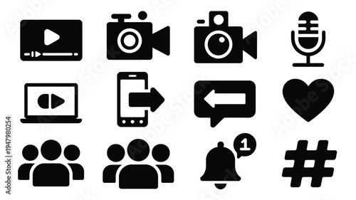 Social media video silhouette logo set with icons for online communication and media production tools