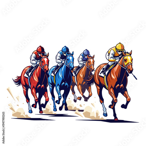Horse racing competition with jockeys cartoon illustration