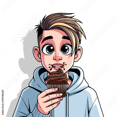 Teen boy eating chocolate cupcake portrait illustration
