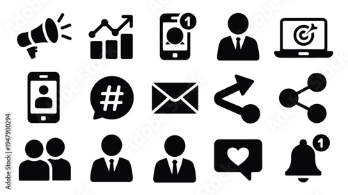 Social media marketing icons with people communication symbols and business analytics for digital strategy and online presence