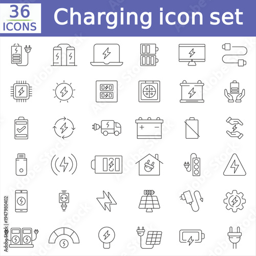 Charging icon set. Containing charge, battery, energy, electricity, charger, recharge, electric car, electric socket and more