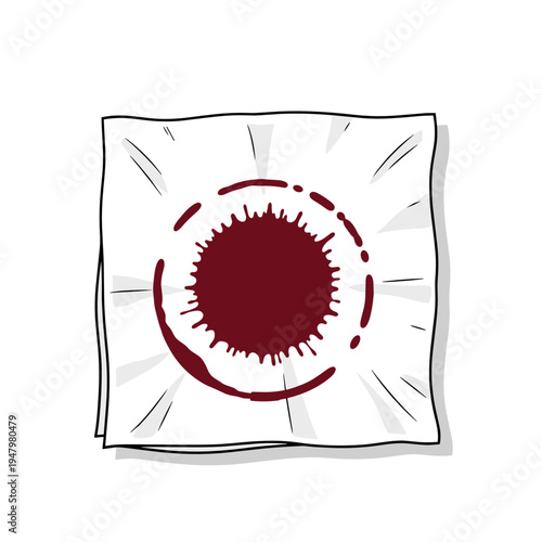 Red wine stain on white napkin top view