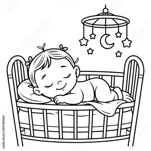 Adorable baby girl with pigtails sleeping in a crib, under a moon and star mobile.