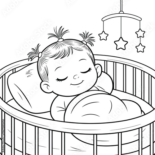 Close-up of a sleeping baby girl in a crib, covered with a blanket, with a mobile.