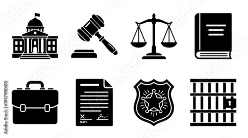 Legal & Judicial Vector Icon Set – Law Vectors Featuring Court Buildings, Judge Gavels, Justice Scales, Law Books, Briefcases, Contracts, Police Badges, and Prison Bars
