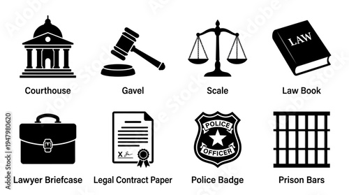 Legal & Judicial Vector Icon Set – Law Vectors Featuring Court Buildings, Judge Gavels, Justice Scales, Law Books, Briefcases, Contracts, Police Badges, and Prison Bars