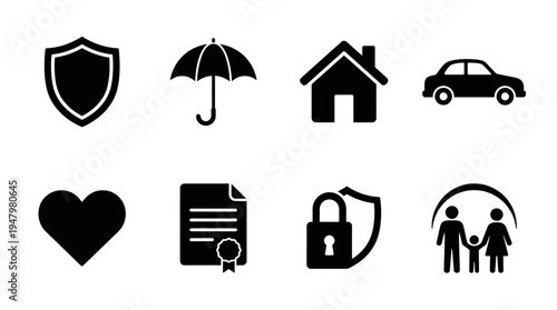 Insurance & Protection Vector Icon Set – Security Vectors Featuring Shields, Umbrellas, Houses, Cars, Medical Hearts, Insurance Documents, Padlocks, and Family Safety Symbols
