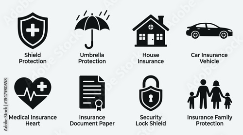 Insurance & Protection Vector Icon Set – Security Vectors Featuring Shields, Umbrellas, Houses, Cars, Medical Hearts, Insurance Documents, Padlocks, and Family Safety Symbols