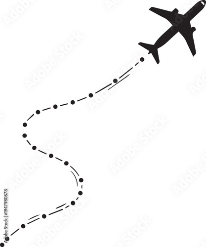 Airplane following a curved flight path over a map with plotted coordinates Vector

