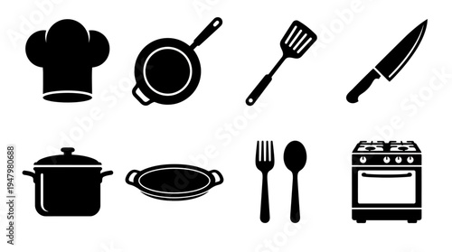 Kitchen & Cooking Utensils Vector Icon Set – Culinary Vectors Featuring Chef Hats, Frying Pans, Spatulas, Knives, Pots, Baking Trays, Forks, Spoons, and Stovetops