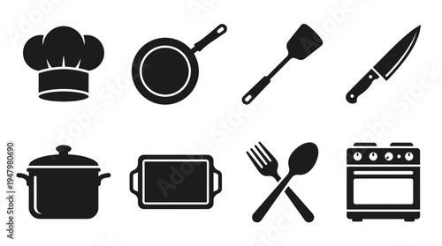 Kitchen & Cooking Utensils Vector Icon Set – Culinary Vectors Featuring Chef Hats, Frying Pans, Spatulas, Knives, Pots, Baking Trays, Forks, Spoons, and Stovetops