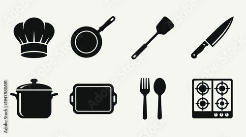 Kitchen & Cooking Utensils Vector Icon Set – Culinary Vectors Featuring Chef Hats, Frying Pans, Spatulas, Knives, Pots, Baking Trays, Forks, Spoons, and Stovetops