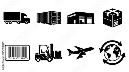 Logistics & Shipping Vector Icon Set – Supply Chain Vectors Featuring Cargo Trucks, Shipping Containers, Warehouses, Packages, Barcodes, Forklifts, Airplanes, and Global Arrows