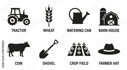 Farming & Agriculture Vector Icon Set – Rural Industry Vectors Featuring Tractors, Wheat Plants, Barns, Cows, Crop Fields, Watering Cans, Shovels, and Farmer Hats
