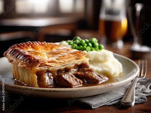 Steak ale pie golden pastry mashed potato green pea savory comfort food rustic pub meal hearty lunch