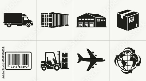 Logistics & Shipping Vector Icon Set – Supply Chain Vectors Featuring Cargo Trucks, Shipping Containers, Warehouses, Packages, Barcodes, Forklifts, Airplanes, and Global Arrows