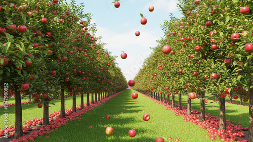 A photorealistic image of a sunlit apple orchard with perfectly aligned rows of mature apple trees