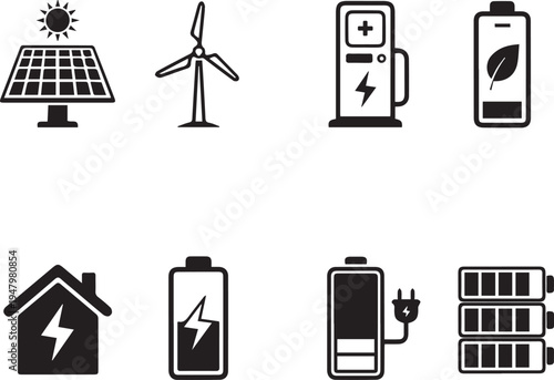 Collection of icons representing renewable energy and household electronics Vector

