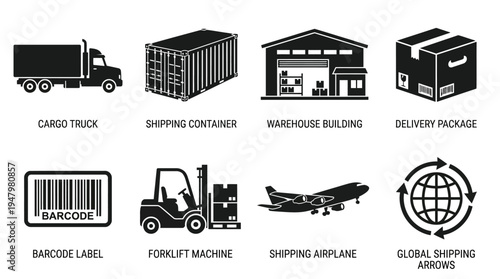 Logistics & Shipping Vector Icon Set – Supply Chain Vectors Featuring Cargo Trucks, Shipping Containers, Warehouses, Packages, Barcodes, Forklifts, Airplanes, and Global Arrows