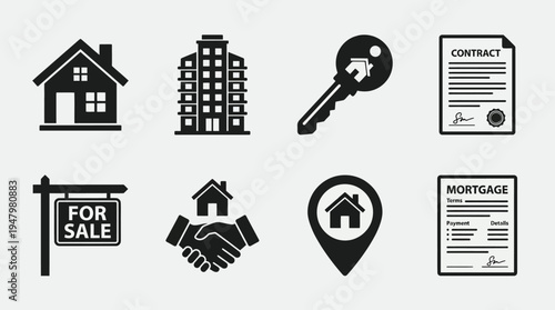 Real Estate Vector Icon Set – Property Transaction Vectors Featuring Houses, Apartments, Keys, Contracts, For Sale Signs, Location Pins, Agreements, and Mortgage Documents