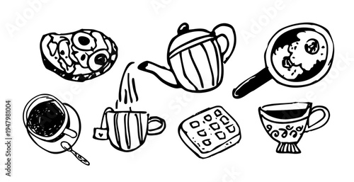 Cozy Breakfast and Tea Time Doodle Collection. Teapot, Waffle, Coffee Cup, and Frying Pan Set. Outline Hand-Drawn Vector Illustration