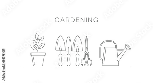 Simple line art illustration showcasing essential gardening tools neatly arranged beside a small potted plant representing cultivation and outdoor hobby activities.