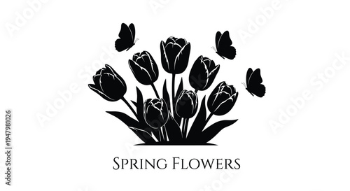 Elegant black and white silhouette design featuring a beautiful cluster of blooming tulips surrounded by several small flying butterflies perfect for springtime graphic creation.