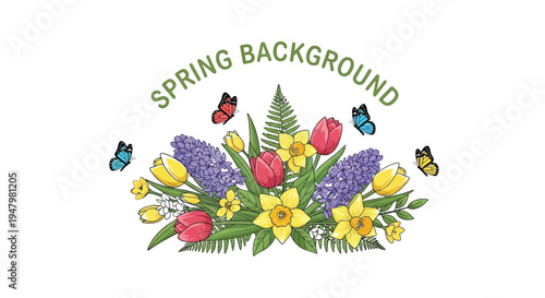 A beautiful hand-drawn illustration captures the essence of springtime, showcasing a delightful arrangement of colorful blooming flowers like cheerful yellow daffodils, vibrant red tulips, and fragran