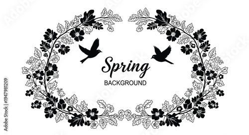 Elegant black and white spring background vector illustration featuring a beautiful oval floral wreath adorned with delicate blooming flowers and lush leaves, symmetrically framing two charming bird s