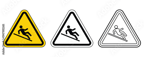 Set of warning signs indicating slippery surface or slope ahead in various colors and styles for safety