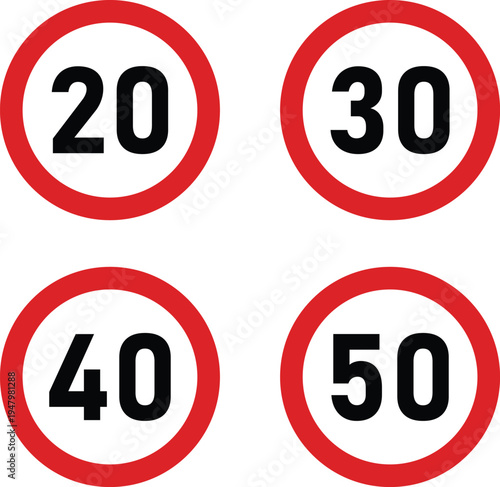 Set of speed limit road signs in circles 20, 30, 40, 50 on transparent background