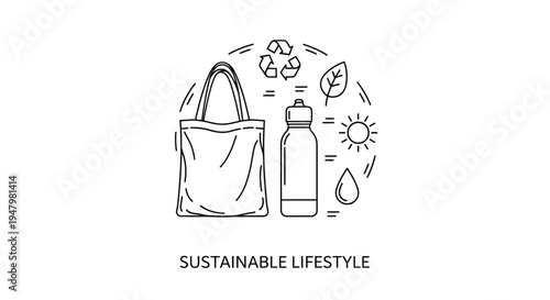 Simple line art icon depicting essential reusable items for promoting a completely sustainable lifestyle demonstrating commitment to environmental responsibility and zero waste living principles.