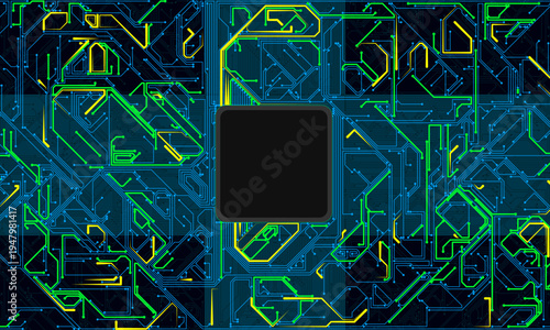 Digital Data moving on Circuit Board and CPU loop backgrounds. Computer Processing and organizing data. Abstract high tech Artificial intelligence (AI), data mining, neon glow pcb place for text 