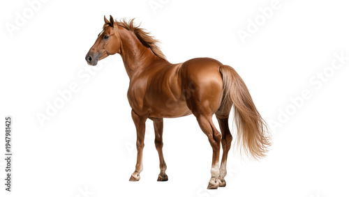 Isolated elegant brown horse standing, majestic equine mammal with flowing mane and tail