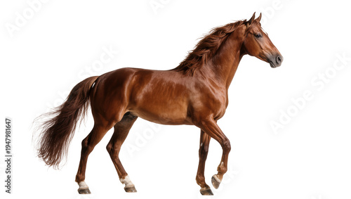 Isolated majestic brown horse trotting gracefully with flowing mane and tail, purebred animal
