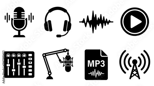Audio & Broadcasting Vector Icon Set – Digital Media Vectors Featuring Microphones, Headsets, Waveforms, Play Buttons, Mixers, MP3 Files, Radio Towers, and Sound Notifications