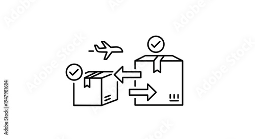 Air cargo logistics: boxes moving between planes and warehouses, shipping icons