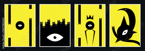 Surreal Black Cats on Yellow Abstract Poster Set. Mystic minimalist posters