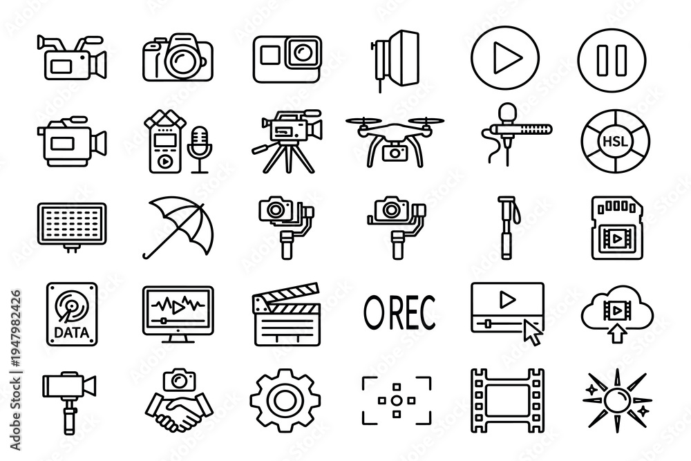 Fototapeta premium Professional Cinematography and Video Production Icon Set Featuring Cameras, Drones, Lighting Equipment, Audio Gear, and Digital Media Editing Tools for Videographers