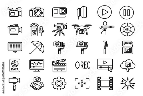 Professional Cinematography and Video Production Icon Set Featuring Cameras, Drones, Lighting Equipment, Audio Gear, and Digital Media Editing Tools for Videographers