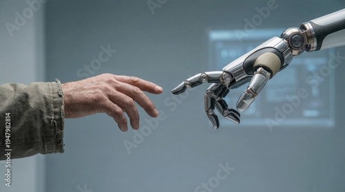 Human hand nearly touching robotic hand in a futuristic scene