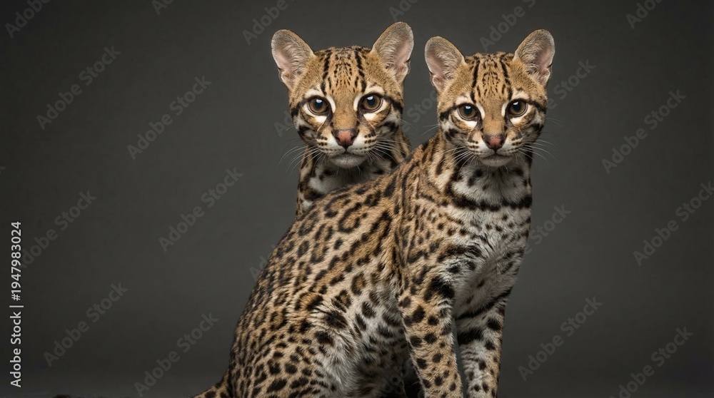 Naklejka premium Two captivating young ocelots stare directly forward with strikingly patterned fur against a dark studio background