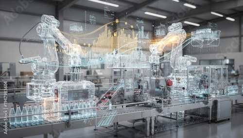 Medium shot of a digital twin simulating the entire bottle production line highlighting realtime performance data and overall efficiency metrics.