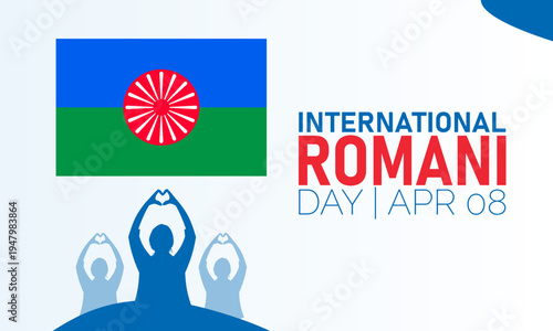 International Romani Day celebration banner with Romani flag in frame, abstract shapes and fireworks, April 8th, Roma Culture