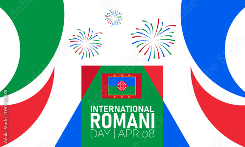 International Romani Day celebration banner with Romani flag in frame, abstract shapes and fireworks, April 8th, Roma Culture