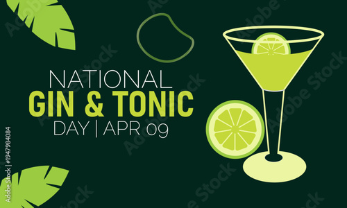 National Gin & Tonic Day Illustration with Stylized Cocktail Glass and Fresh Lime Slices on Green Background with Alcoholic Drink