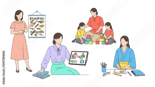 Empowering the Everyday: Women in diverse roles, from teaching to nurturing and creating, exemplify versatility and dedication. Depicting moments of learning, care, and artistry.