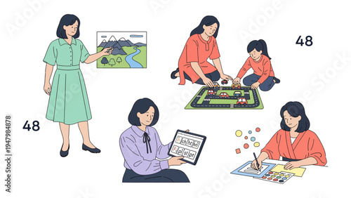 Joyful Moments of Learning and Play: Capturing a mom's heartwarming interaction with a child through various activities, from teaching and demonstrating, to the development, learning, education.