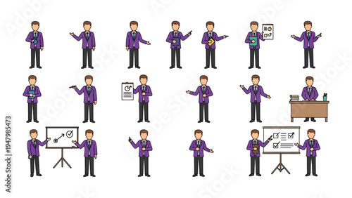 Versatile Presenter: A comprehensive collection of illustrations showcases a presenter in various poses and actions, perfect for illustrating diverse business scenarios and presentations.